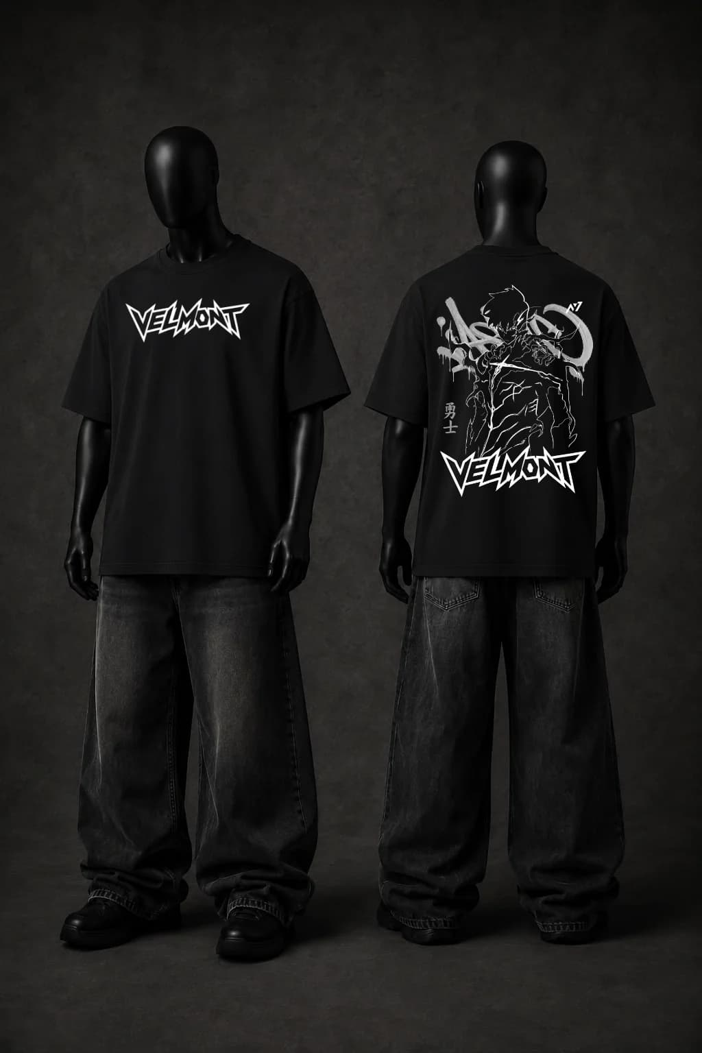 Velmont Anime Warrior t-shirt in black, front and back shown together under studio light