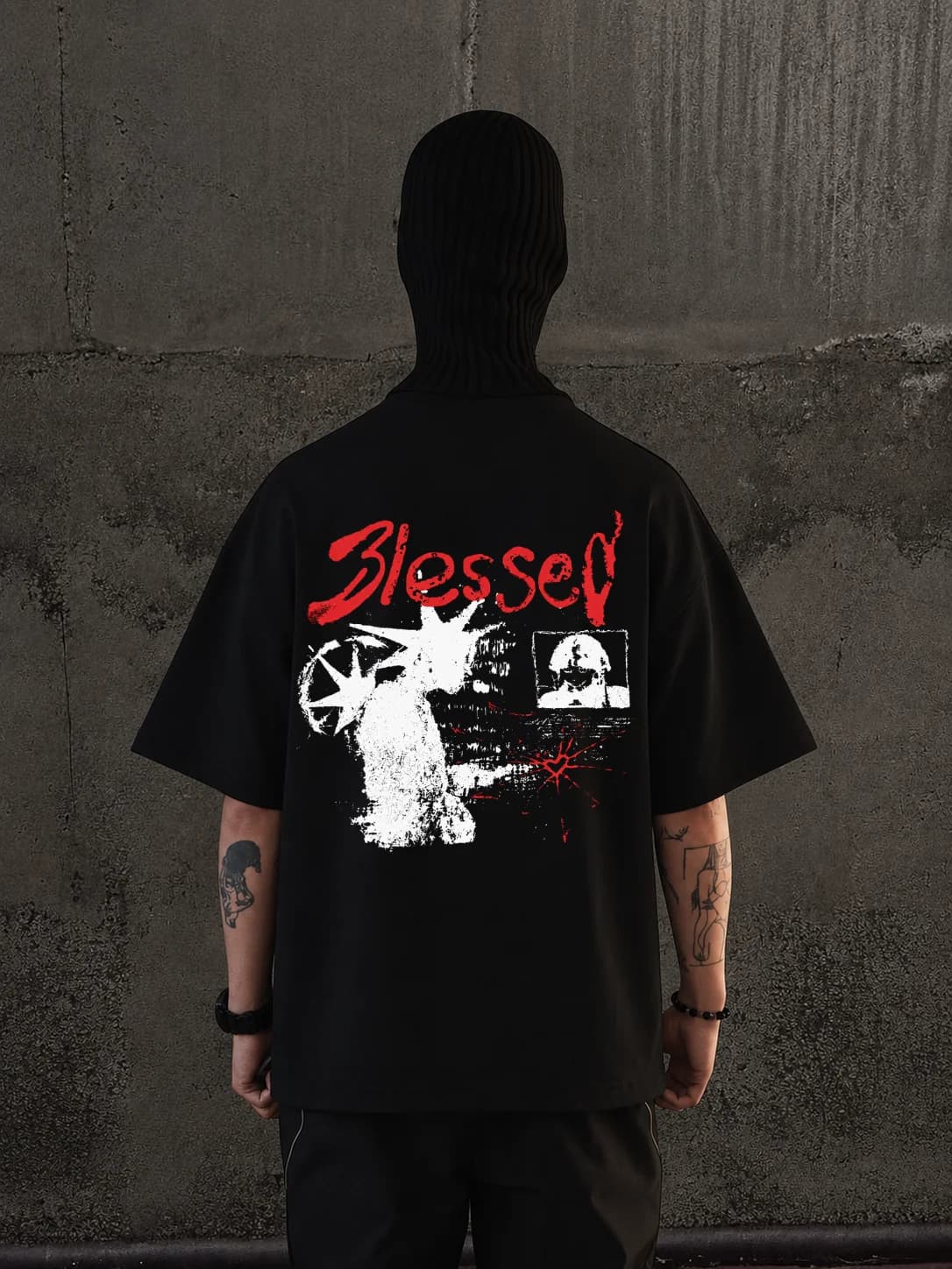 Blessed oversized t-shirt in black, red script and white halftone printed across the back