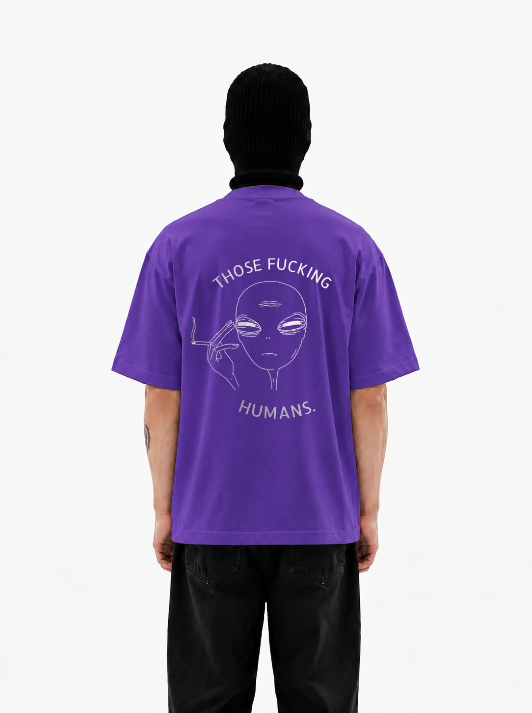 Those Humans t-shirt in purple, single-line alien illustration printed across the back