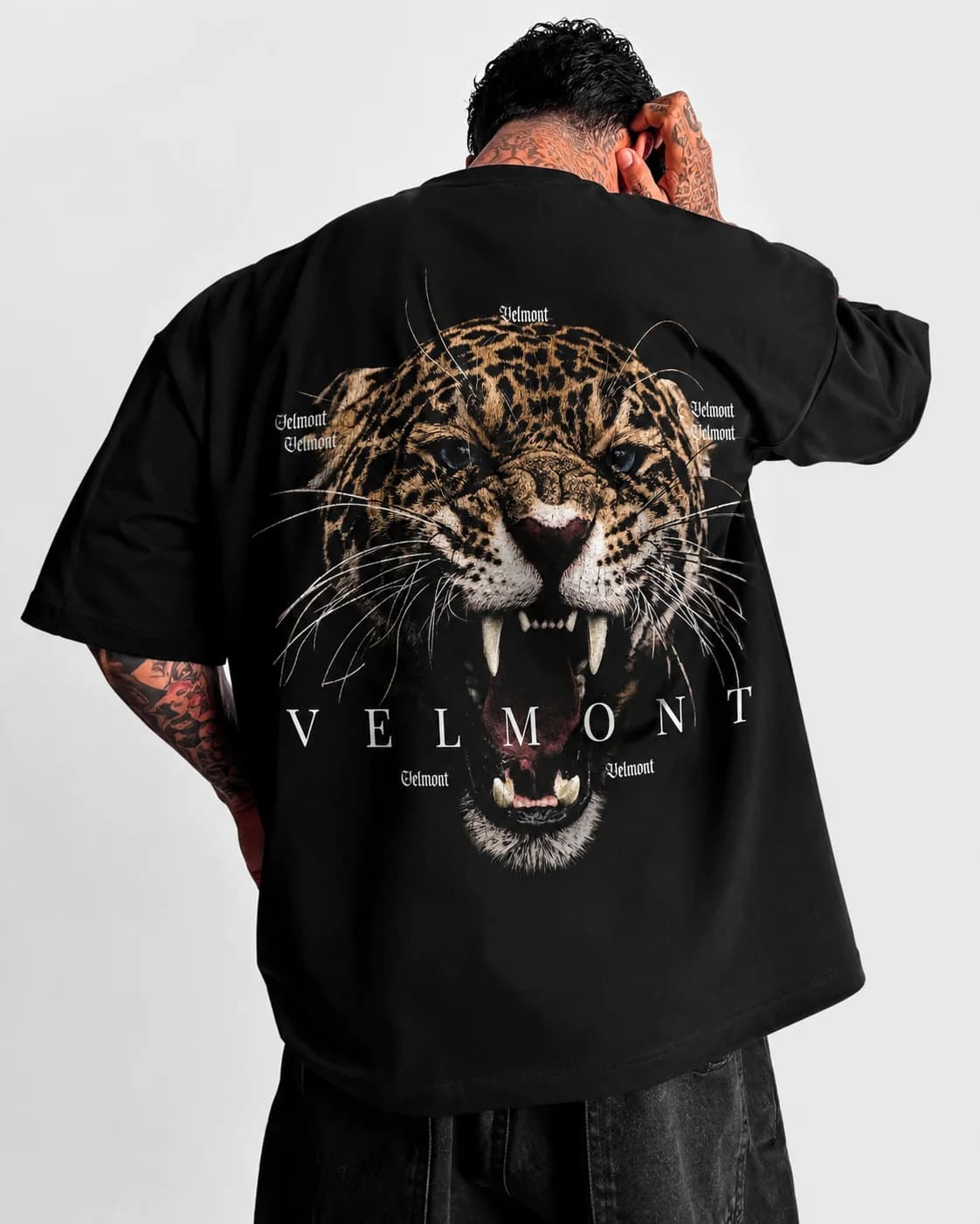 The Limit Does Not Exist t-shirt in black, full leopard head printed across the back above the Velmont wordmark