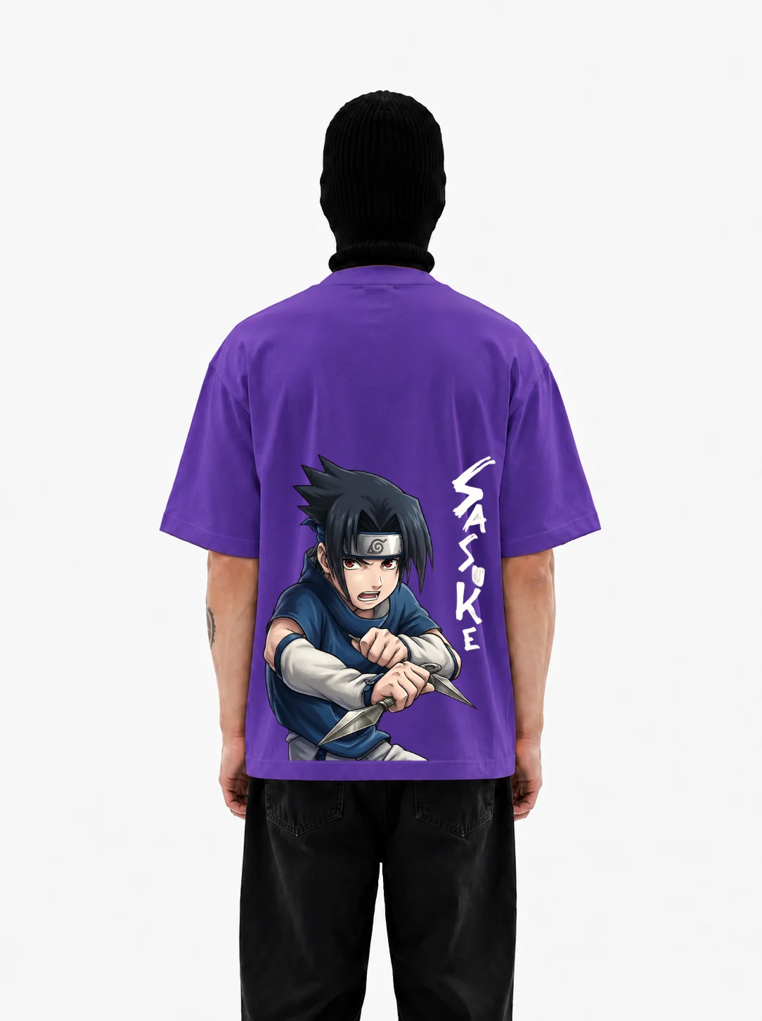 Sasuke oversized t-shirt in purple, full-colour character printed across the back beside a vertical wordmark
