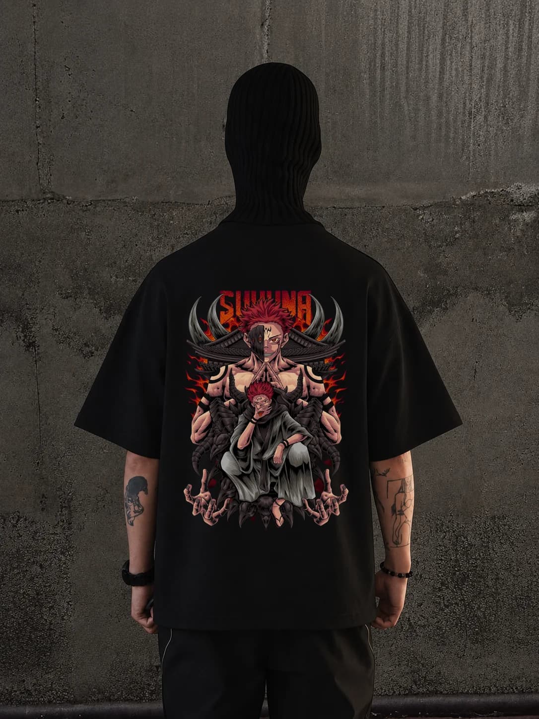 Sukuna oversized t-shirt in black, four-armed figure printed across the full back