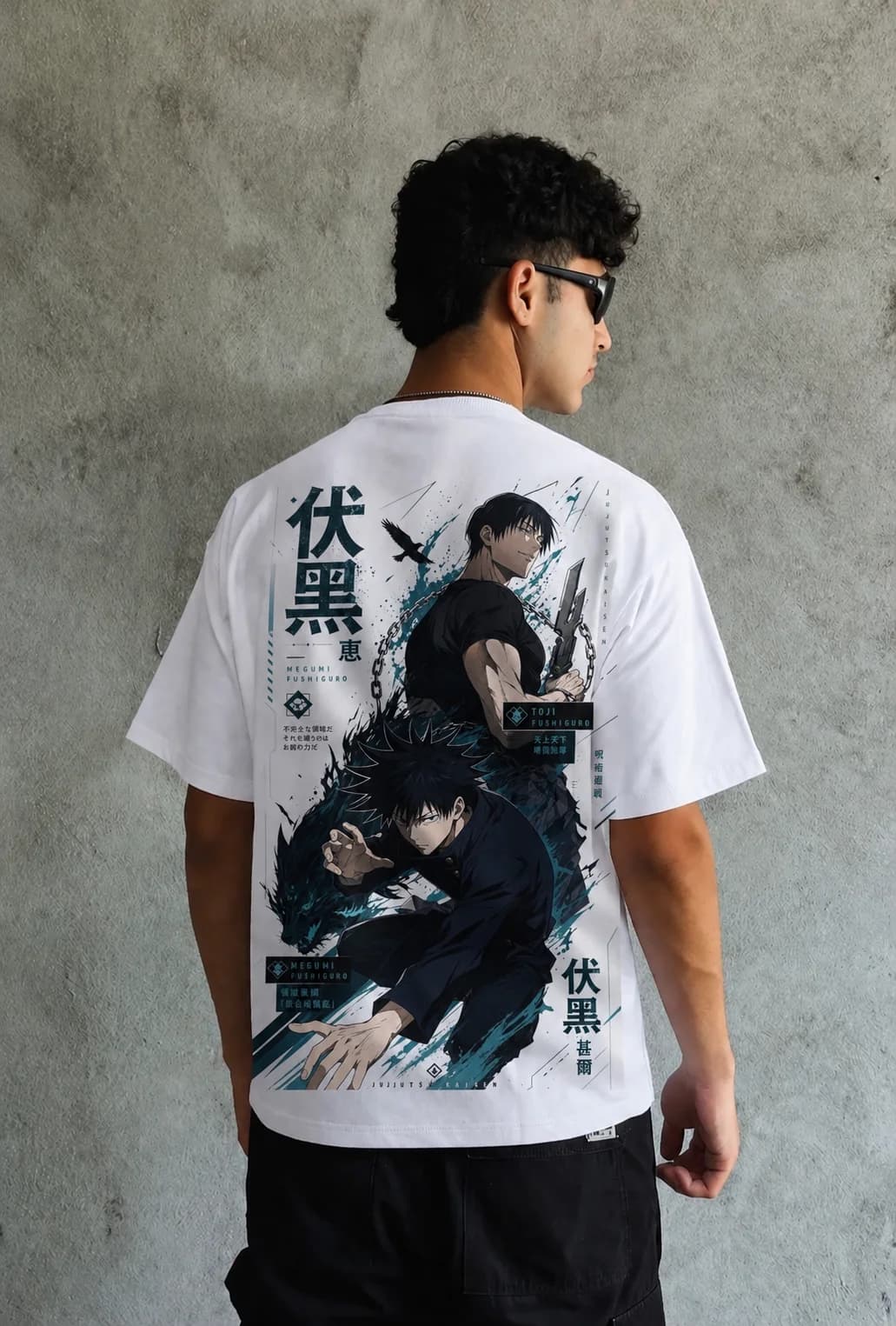 Toji Fushiguro oversized t-shirt in white, poster-style panelled back print with vertical kanji
